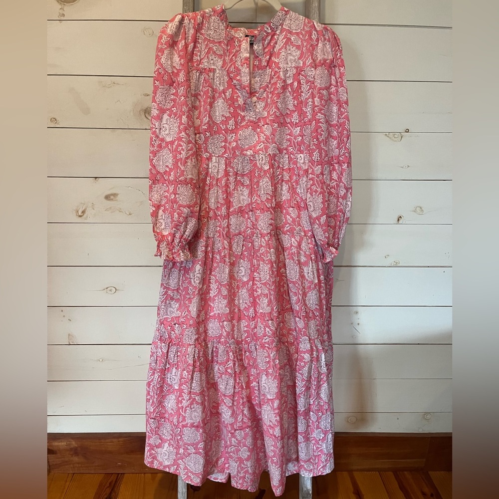 Pink Floral Tiered Midi Dress - Lightweight Long Sleeve